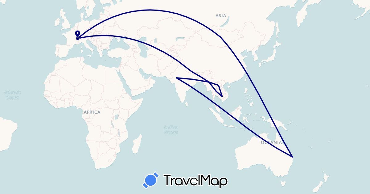 TravelMap itinerary: driving in Australia, Switzerland, India, Cambodia, Laos, Myanmar (Burma), Mongolia, Nepal, Thailand (Asia, Europe, Oceania)